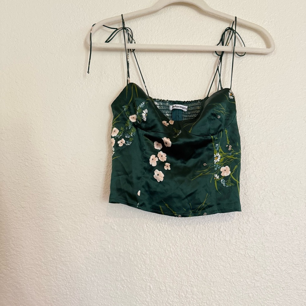 Reformation Silk Floral Camisole Top Emerald Green Daisy Print Smocked Back - Picture 4 of 12